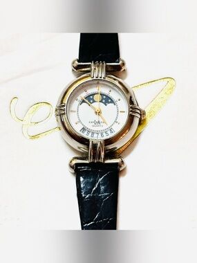 LA Express Moon Phase Watch Women Gold Tone Date Black Leather Band New Battery